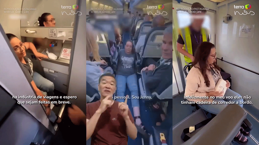 Cadeirante se arrasta pelo corredor do avião